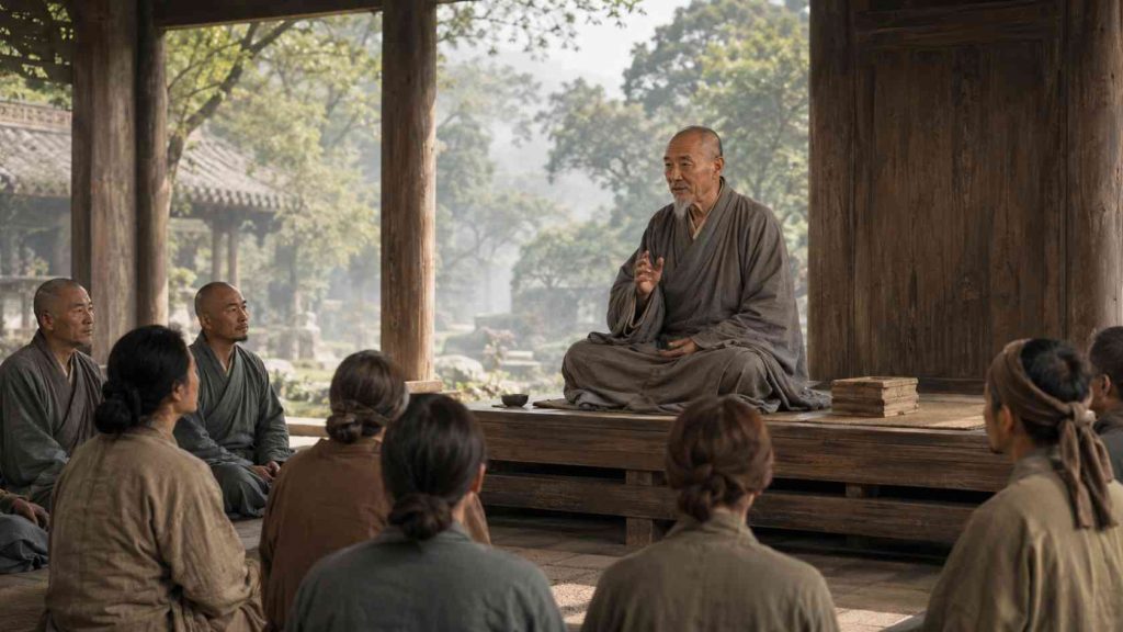 Representa Huineng ensenyant des d’una estrada, davant una comunitat de monjos i laics.